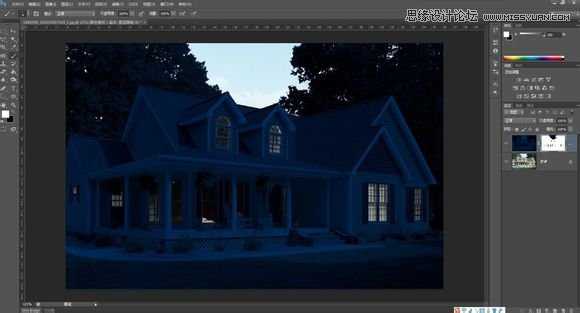Photoshop把白天的别墅照片调成逼真的夜景效果